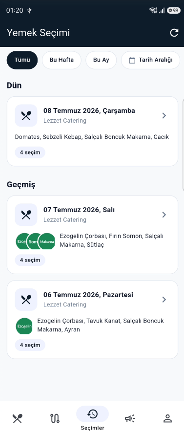 Tercih geçmişi ekranı